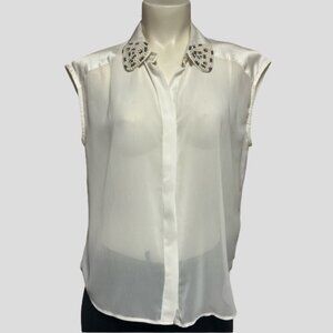 NWOT Buffalo David Bitton Sheer Off White Sleeveless Beaded Blouse Top